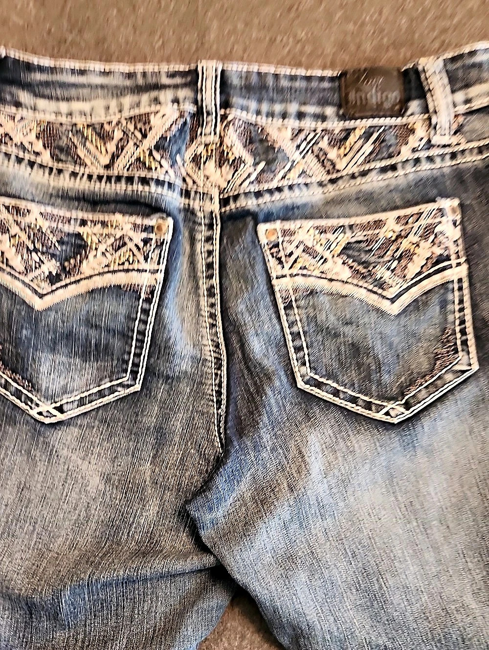 Love Indigo Womens Boot Cut Jeans White Stitching Sze 8 Blue Cowgirl Embellished